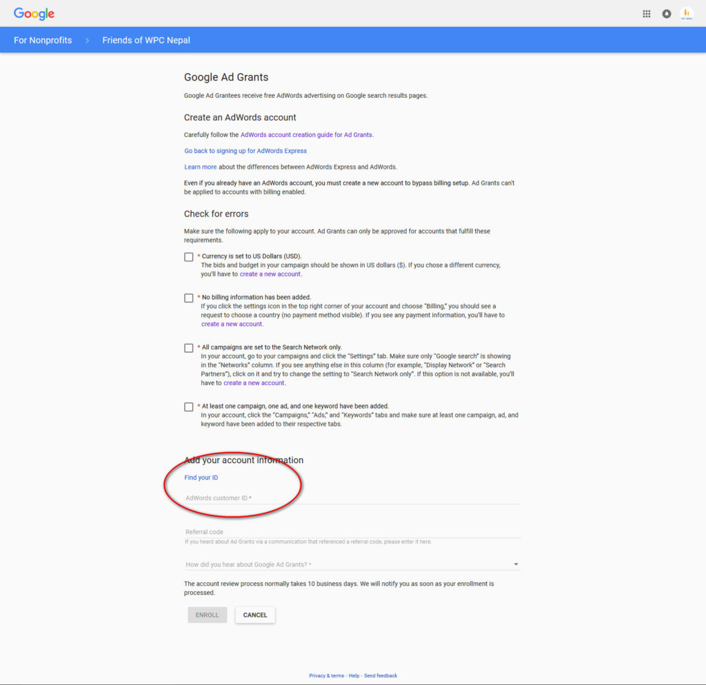 screenshot showing last step to set up google ad grants 