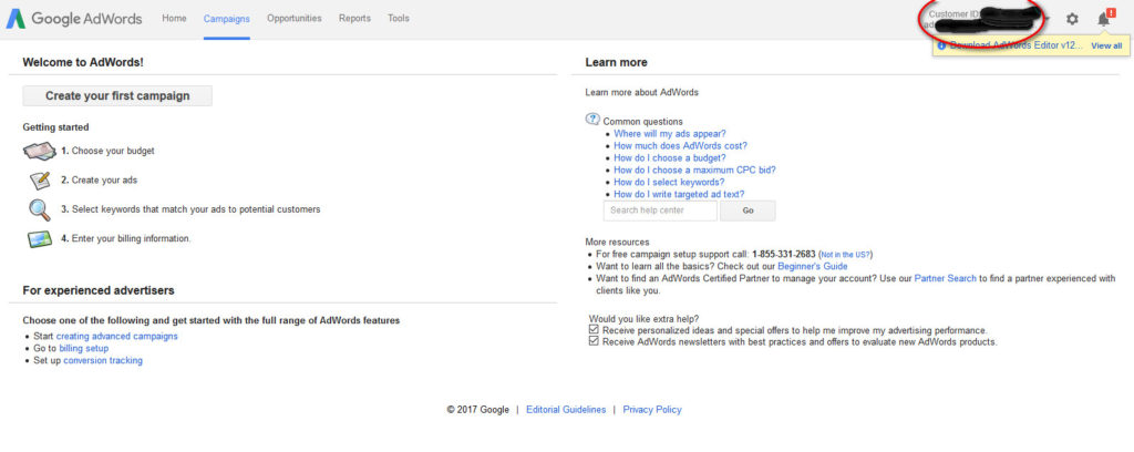 screenshot showing where google adwords customer id is located