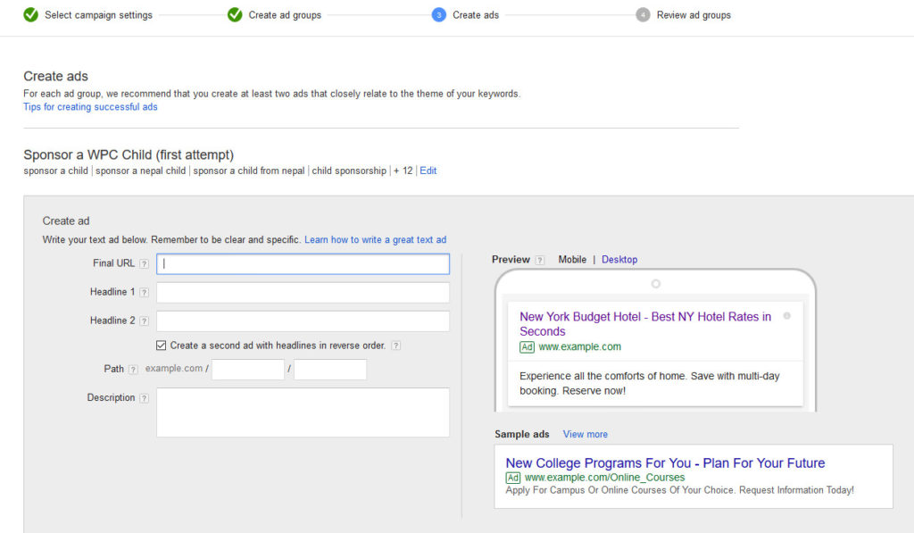 screenshot of google ad grants ad writing fields
